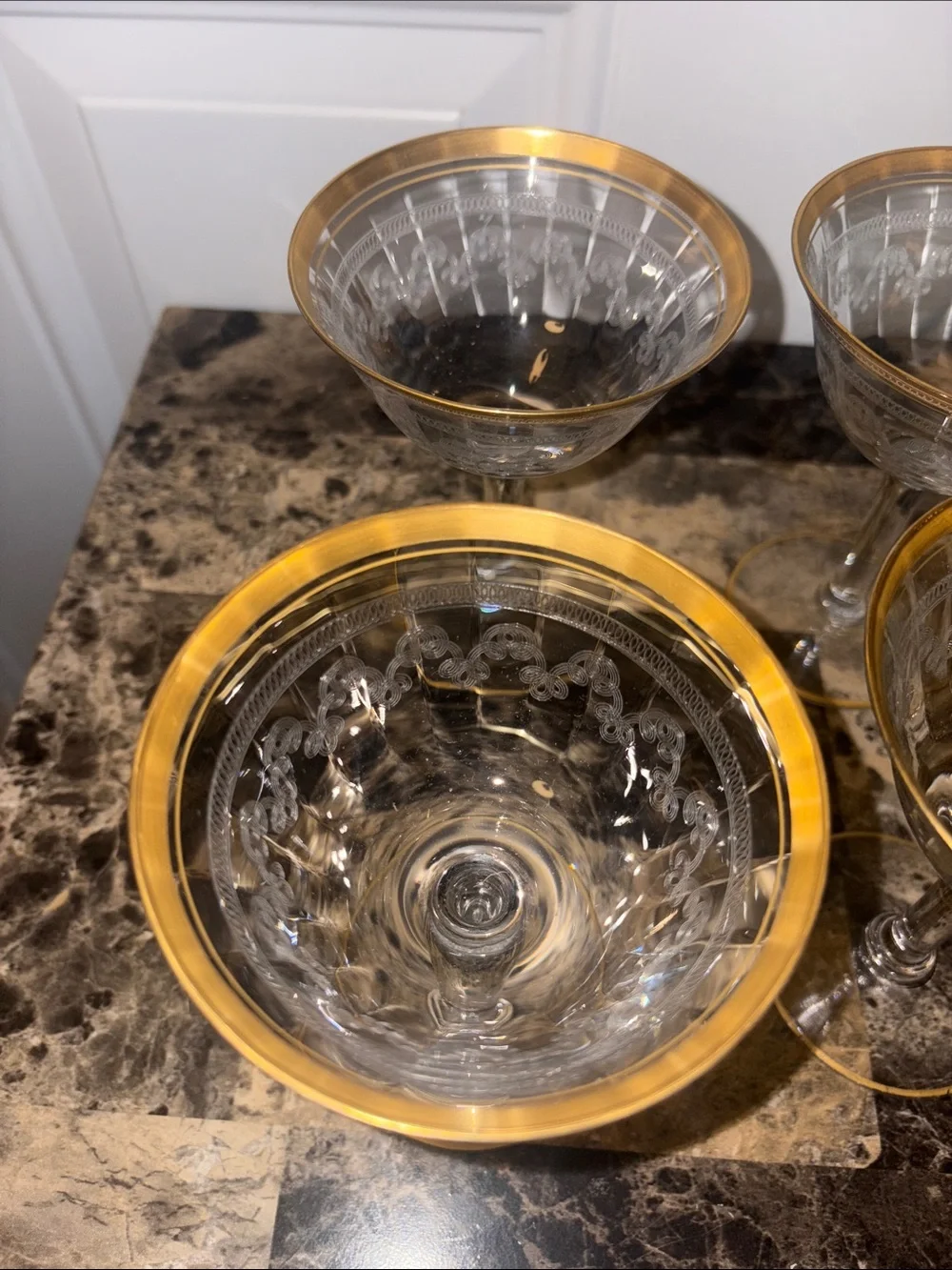 Vintage Gold-Rimmed Encrusted Etched Glass Coupe (Set of 6)